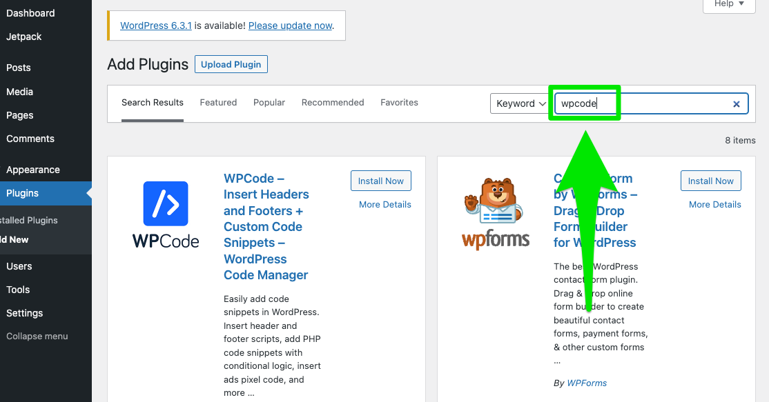 Image of entering "WPCode" into the plugin search bar